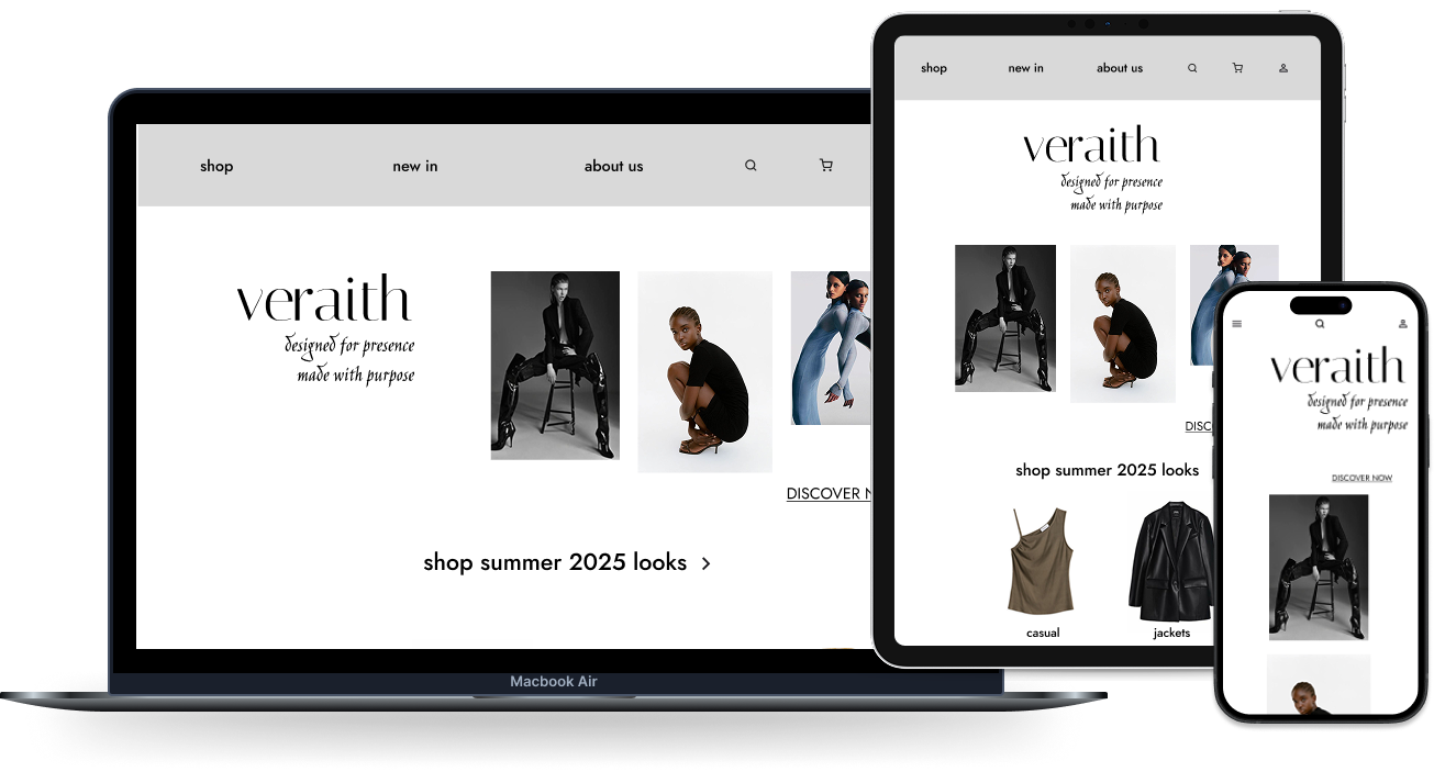 Veraith identity system applied across Mac, iPad, and mobile screens